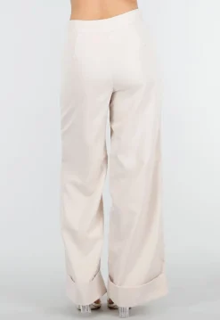 Beige Wide Leg Pantalon met Omslag en Steekzakken