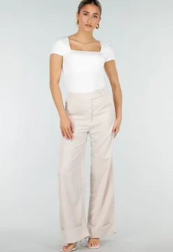 Beige Wide Leg Pantalon met Omslag en Steekzakken
