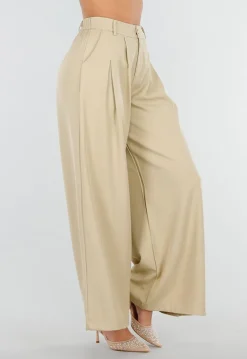 Beige Wide Leg Pantalon met Plooien en Stretch