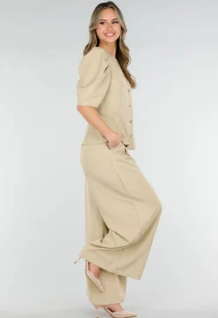 Beige Wide Leg Pantalon met Plooien en Stretch