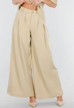 Beige Wide Leg Pantalon met Plooien en Stretch