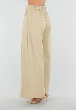 Beige Wide Leg Pantalon met Plooien en Stretch