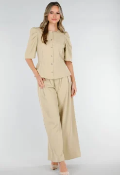 Beige Wide Leg Pantalon met Plooien en Stretch