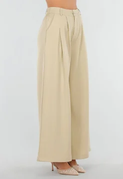 Beige Wide Leg Pantalon met Plooien en Stretch
