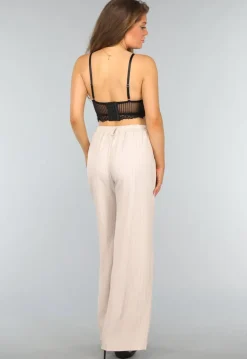 Beige Wide Leg Pantalon met Streepjes Patroon
