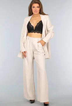 Beige Wide Leg Pantalon met Streepjes Patroon
