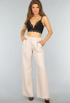 Beige Wide Leg Pantalon met Streepjes Patroon