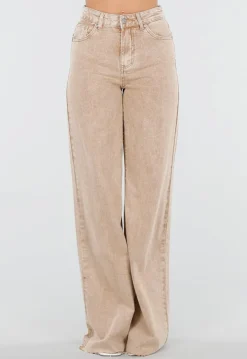 Beige Wide Leg Tall Denim Jeans met Wassing