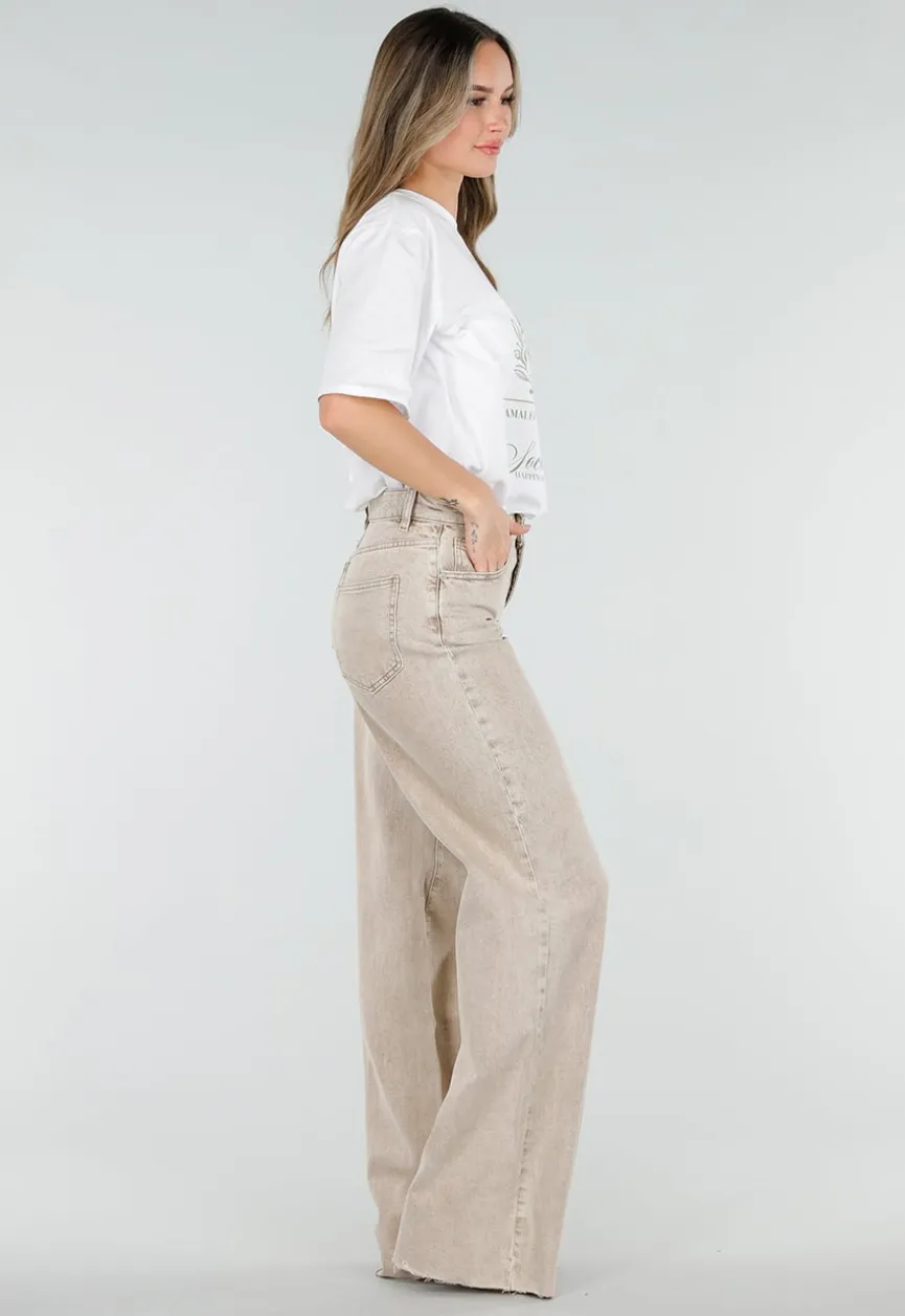Beige Wide Leg Tall Jeans met High Waist