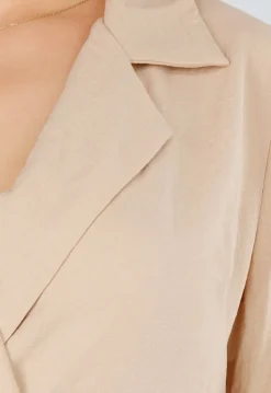 Beige Wikkeljurk Met Lange Mouwen en Linnenlook
