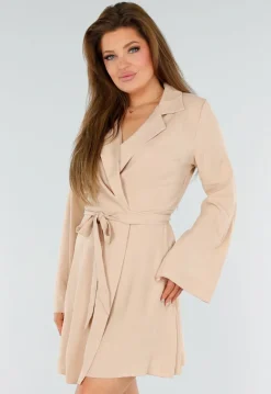 Beige Wikkeljurk Met Lange Mouwen en Linnenlook