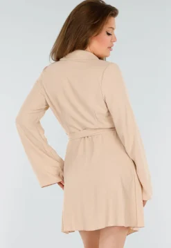 Beige Wikkeljurk Met Lange Mouwen en Linnenlook