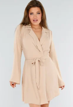 Beige Wikkeljurk Met Lange Mouwen en Linnenlook