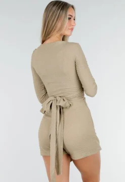 Beige Wikkel Top met Lange Mouwen en Stretch