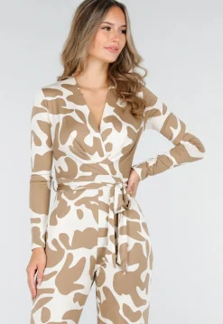 Beige-Witte Stretch Jumpsuit met Abstracte Print