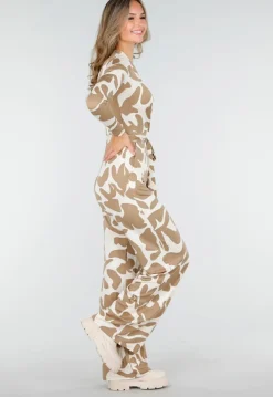 Beige-Witte Stretch Jumpsuit met Abstracte Print