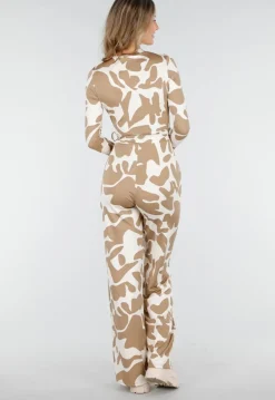 Beige-Witte Stretch Jumpsuit met Abstracte Print
