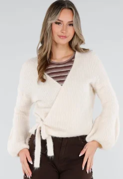 Beige Wollen Wikkel Vest met Strikdetail en Ballonmouwen