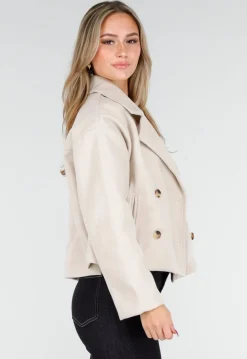 Beige Wollook Jas met Dubbele Rij Knopen en Brede Reverskraag