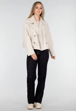 Beige Wollook Jas met Dubbele Rij Knopen en Brede Reverskraag