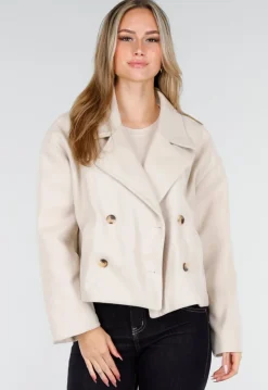 Beige Wollook Jas met Dubbele Rij Knopen en Brede Reverskraag