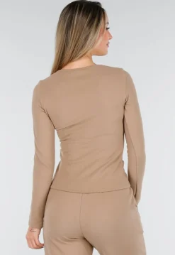 Beige Zachte Stretch Top met Ronde Hals en Lange Mouwen