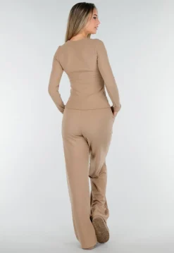 Beige Zachte Stretch Top met Ronde Hals en Lange Mouwen