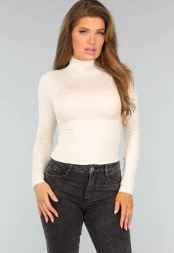 Beige Zachte Turtleneck Top met Lange Mouwen