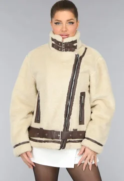 Beige Zachte Tussenjas met Bruine Details