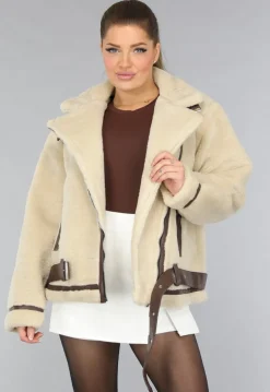 Beige Zachte Tussenjas met Bruine Details