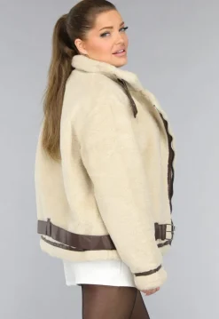 Beige Zachte Tussenjas met Bruine Details