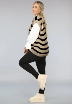 Beige/Zwarte Gebreide Jumper met Streep Patroon