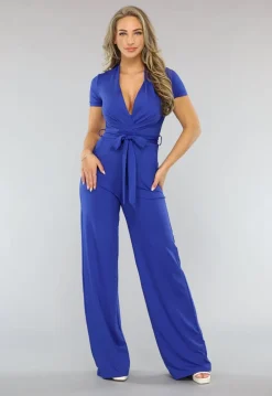 Blauwe Aansluitende Wide Leg Jumpsuit met Ceintuur