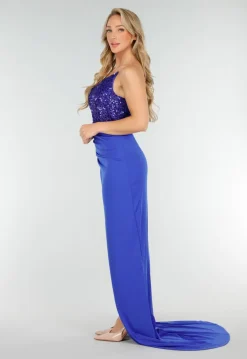 Blauwe Avondjurk met Pailletten Top en Hoge Split in Maxi Lengte