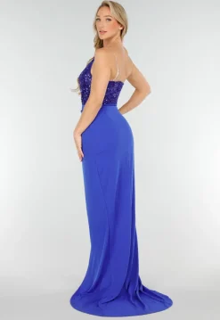 Blauwe Avondjurk met Pailletten Top en Hoge Split in Maxi Lengte