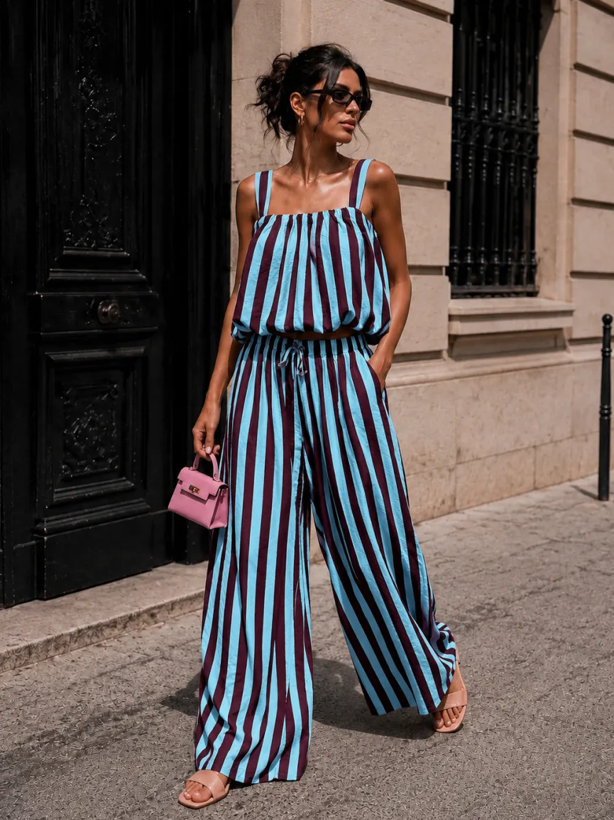 Blauwe Burgundy Gestreepte Two Piece Set met Mouwloze Top en Wide Leg Broek