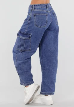 Blauwe Cargo Barrel Jeans met Opgestikte Zakken