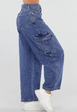 Blauwe Cargo Barrel Jeans met Opgestikte Zakken