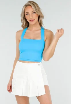 Blauwe Crop Top met Vierkante Hals en Brede Bandjes