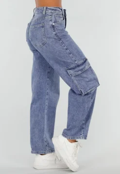 Blauwe Denim Barrel Cargo Jeans met Zijzakken