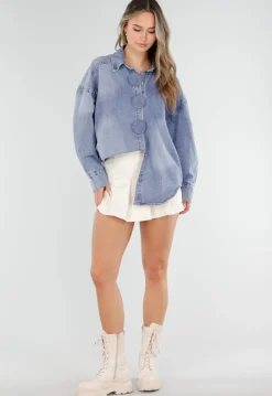 Blauwe Denim Blouse met Oversized Knopen en Lange Mouwen