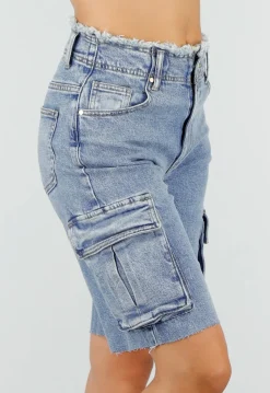 Blauwe Denim Cargo Bermuda Short met Ruwe Zoom