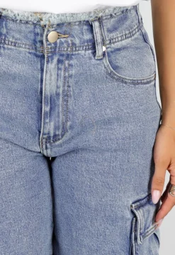 Blauwe Denim Cargo Bermuda Short met Ruwe Zoom