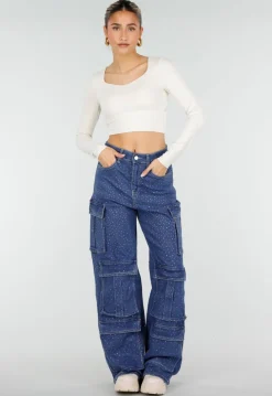 Blauwe Denim Cargo Jeans met Strass Steentjes en Wide Leg Pasvorm