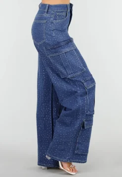 Blauwe Denim Cargo Jeans met Strass Steentjes en Wide Leg Pasvorm