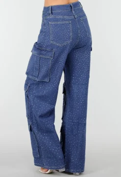 Blauwe Denim Cargo Jeans met Strass Steentjes en Wide Leg Pasvorm