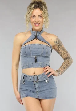 Blauwe Denim Co Ord Set met Riem