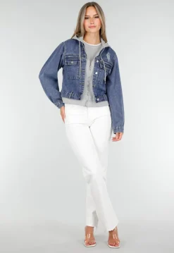 Blauwe Denim Jas met Grijze Capuchon en Zakken met Rits