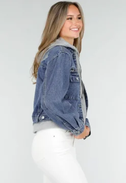Blauwe Denim Jas met Grijze Capuchon en Zakken met Rits