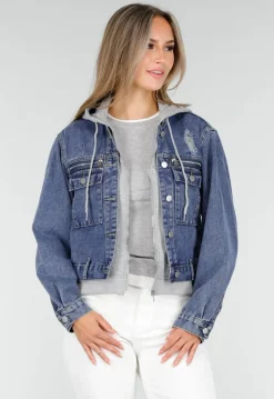 Blauwe Denim Jas met Grijze Capuchon en Zakken met Rits